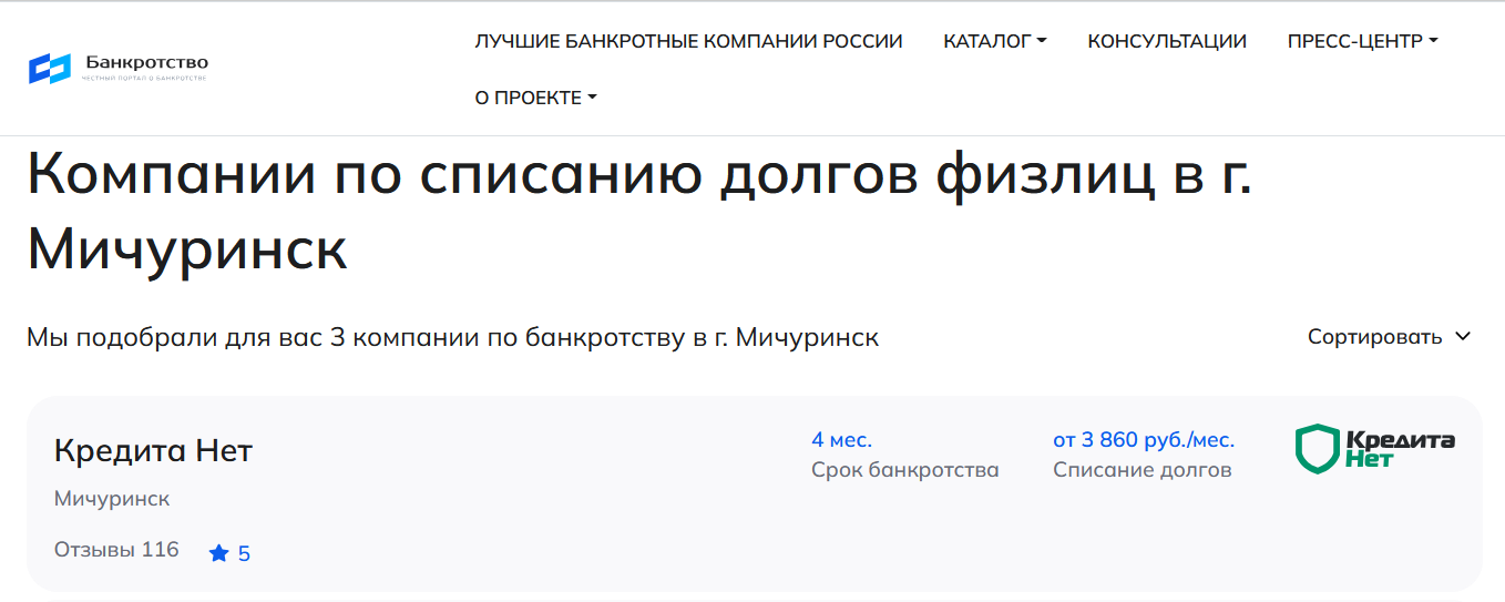 КредитаНет – первые в рейтинге компаний по банкротству в Мичуринске на сайте Банкротство Инфо